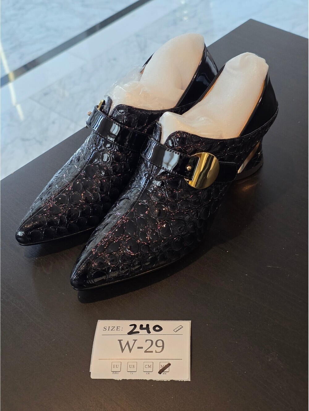 Women's Black Textured Loafers with Gold Buckle
